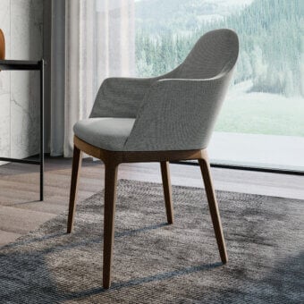 Superior Dallagnese Gulp chair with enveloping armrests, light gray textured textile upholstery and satin-finish wooden base