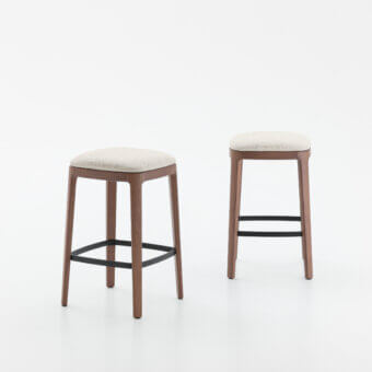 Superior Dallagnese Gulp stool built in wood with a satin finish and comfortable light beige textile upholstery