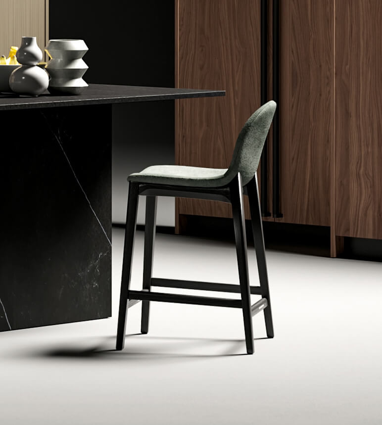 Refined Dallagnese Hull stool with muted gray textured fabric upholstery and dark matte wood frame