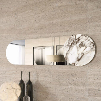 Distinguished Dallagnese Juno mirror with an oval shape and circular stoneware insert in white and warm brown tones, boasting a polished glass surface