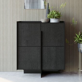 Distinctive Dallagnese Katana cupboard with dark gray wood and a metal base, showcasing glass shelves behind hinged doors