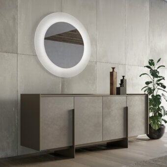 Distinguished Dallagnese Katana sideboard with stoneware or wood top and sleek metal base in matte gray finish