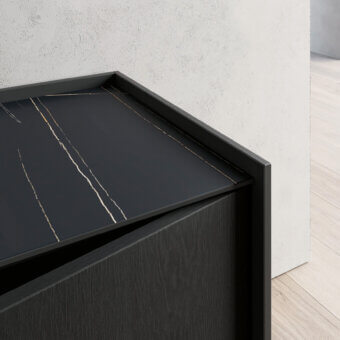 Superior Dallagnese Katana sideboard crafted with matte wood and striking stoneware, exhibiting a refined tray effect with a katana-inspired handle