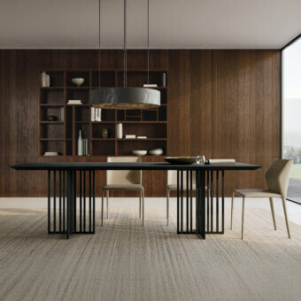 Architectural Dallagnese Kiri table with dark neutral tabletop and irregularly pitched metal rods crafted in Italy