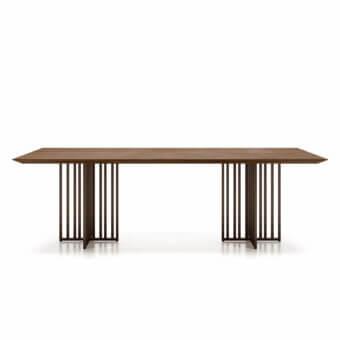 Exceptional Dallagnese Kiri table with medium-brown wood grain and dark matte metal sculptural base crafted in Italy