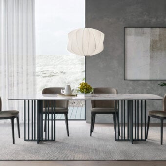 Elegant Dallagnese Kiri table crafted with grey and white marble and a polished finish, contrasted by a matte black metal base