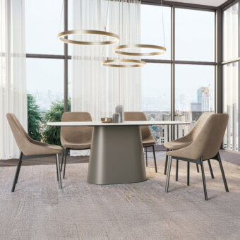 Distinctive Dallagnese Koniko table crafted in muted gray-taupe stoneware with a smooth matte wooden base embodying modern Italian design