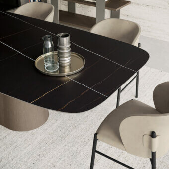 Distinguished Dallagnese Koniko table crafted in dramatic black stoneware with golden veining and polished wooden base