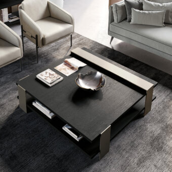 Distinguished Dallagnese Kyoto coffee table with dark subtly textured wood and refined metal frame embodies minimalist architectural lines