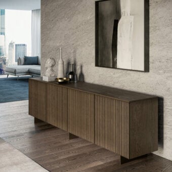 Exceptional Dallagnese Marlene sideboard crafted from solid wood with vertically grooved canneté doors and a satin finish