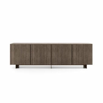 Distinguished Dallagnese Marlene sideboard built from solid wood with warm gray-brown finish and vertically grooved canneté detailing
