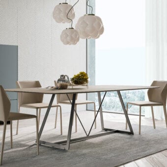 Distinguished Dallagnese Radar table with geometric metal base and matte neutral-toned wood tabletop crafted in Italy