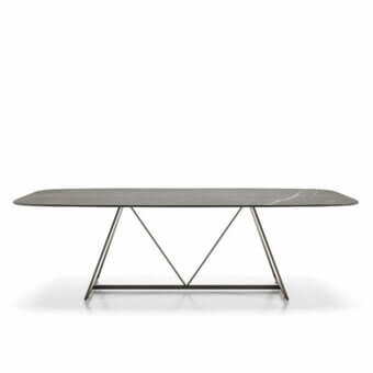 Architectural Dallagnese Radar table with a subtly veined gray stone top and matte dark gray metal A-frame base crafted in Italy