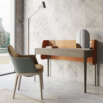 Superior Dallagnese Settanta desk with stoneware top and warm orange eco-leather shell crafted in a minimalist design