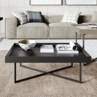 Exceptional Dallagnese Slash coffee table with dark stoneware surface and intersecting black metal base in matte finish
