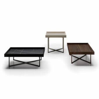 Superior Dallagnese Slash coffee table with dark stoneware tabletop and matte dark metal cross base crafted in Italy