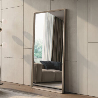 Distinctive Dallagnese Slash Mirror with a slender wooden frame and matte light neutral finish creating angled depth