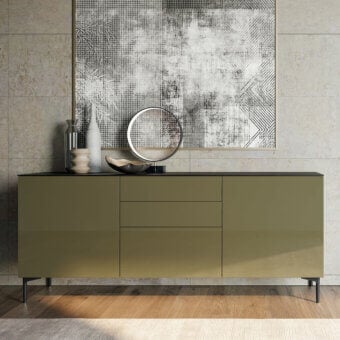 Elegant Dallagnese Slim Sideboard is a low cabinet with matte olive green finish and black detailing crafted in minimalist design