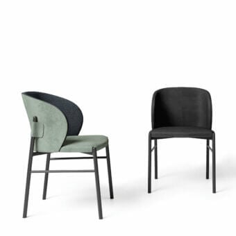 Exceptional Dallagnese Supernova chair with gently curved backrest and two-tone muted green and dark gray textile upholstery in a matte dark finish