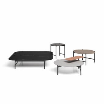 Harmonious Dallagnese Supernova Square coffee table with warm brown wood tabletop and slender metal base in a dark smooth finish