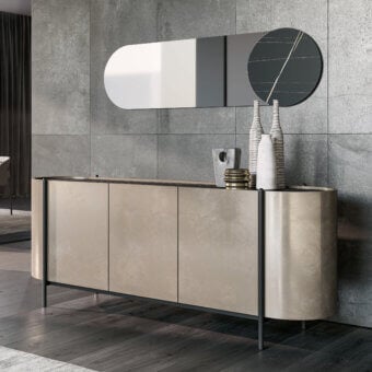 Distinguished Dallagnese Supernova sideboard crafted from textured wood with a stoneware top and dark gray tapered metal legs