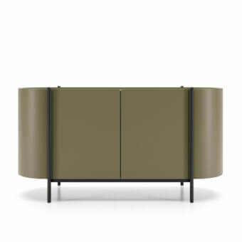 Distinguished Dallagnese Supernova sideboard with rounded wood form, olive-green finish and textured interior built with slender metal legs
