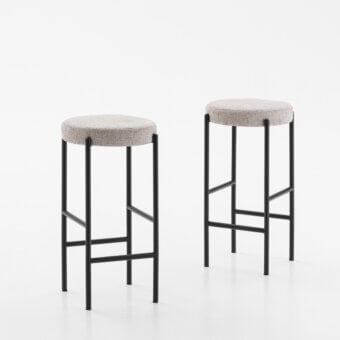 Elegant Dallagnese Supernova stool with neutral beige textile and slender matte black metal rod structure