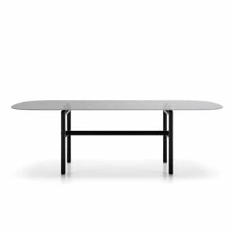 Distinguished Dallagnese Supernova table with convex rectangular glass top and disciplined matte black metal base crafted in Italy