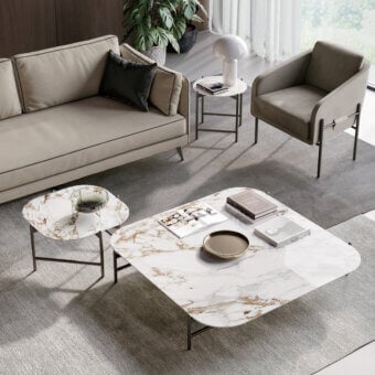 Distinguished Dallagnese Supernova Square coffee table with stoneware top displaying grey and gold veins and slender black metal base
