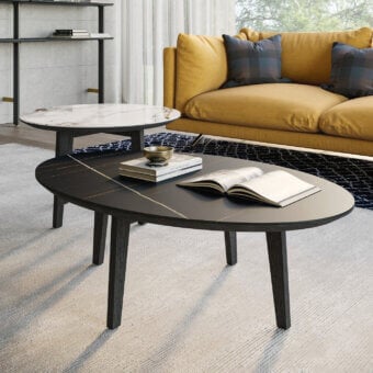 Superior Dallagnese Zoe coffee table with a dark brown wood tabletop and sculpted 30° sloping perimeter edge in a matte finish