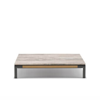 Distinguished Ethimo Baia coffee table with textured stone tabletop and warm wood trim in a neutral beige-grey palette with a matte finish