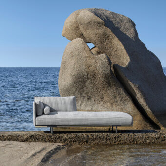 Distinguished Ethimo Baia daybed crafted with fabric upholstery and satin metal presenting a contemporary light gray aesthetic