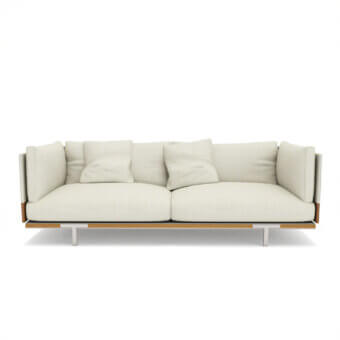 Distinguished Ethimo Baia sofa upholstered in textured light beige textile with satin-finish metal legs and a light-toned wood frame
