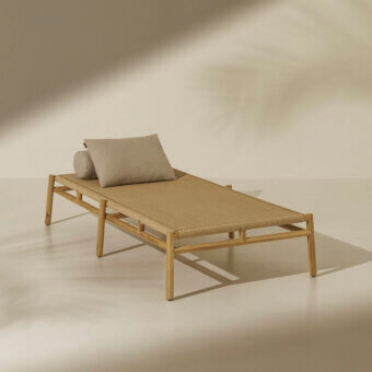 Exceptional Ethimo Kilt lounger crafted with FSC-certified teak and natural fibre weave in a warm beige with a satin finish
