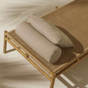 Distinguished Ethimo Kilt lounger crafted with FSC-certified teak and a natural fiber weave in a warm beige-brown palette