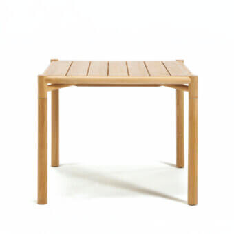 Superior Ethimo Kilt table crafted from FSC-certified teak in warm light-to-medium brown tones with a satin finish