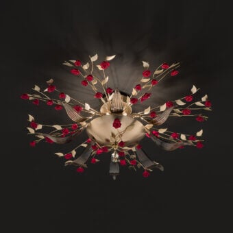 Superior Euroluce Bora PL8 ceiling lamp with handblown Tuscan glass and satin gold metallic elements adorned with floral branch details
