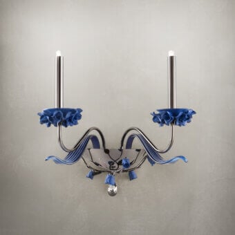 Distinguished Euroluce Bora Wall Lamp sconce with blue Capodimonte porcelain floral details and polished silver metal finish