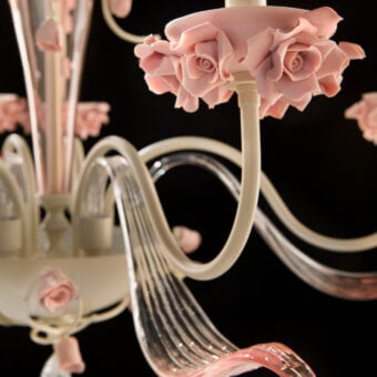 Distinguished Euroluce Bora Chandelier crafted in soft pink and off-white with hand-modeled Capodimonte porcelain and luminous Swarovski crystal