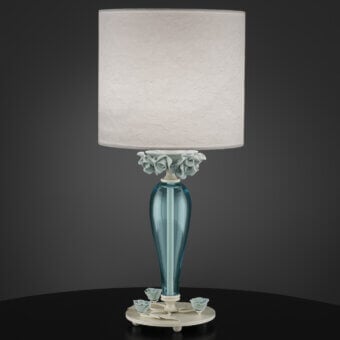 Elegant Euroluce Bora lamp crafted in teal glass with pale green sculpted floral motifs and a light beige textured lampshade