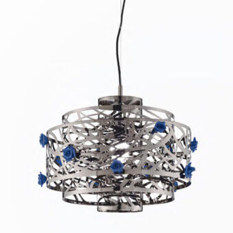 Exceptional Euroluce Bora S1 suspension lamp with tiered cylindrical form and polished silver with blue Capodimonte porcelain roses