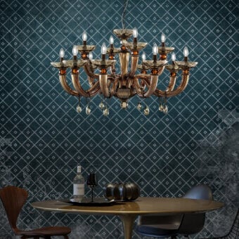 Distinguished Euroluce Dahlia chandelier crafted in warm brown nabuk with tobacco plates and exquisite topaz Swarovski crystals