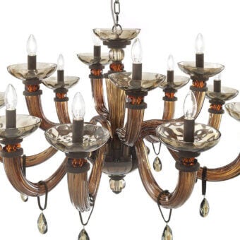 Exceptional Euroluce Dahlia chandelier with warm brown nabuk, tobacco plates and topaz crystals crafted in glass and Tuscan cups