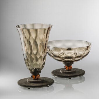 Exquisite Euroluce Dahlia vase & centerpiece crafted in rippled glass with topaz crystals and soft brown nabuk, finished in Dahlia Brown