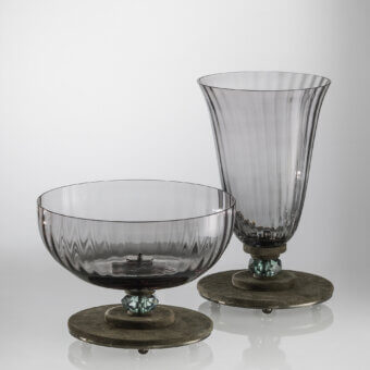 Distinguished Euroluce Dahlia vase & centerpiece in fumé-toned glass with viridian nabuk and striking viridian crystals