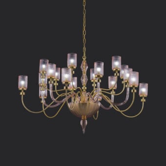 Exquisite Euroluce Dely chandelier crafted in metal with faceted crystal glasses and sculpted amber gradient glass cup in gold-toned satin finish