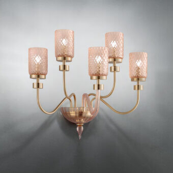 Distinguished Euroluce Dely Wall Lamp with handmade metal arms and delicate rosaline handblown glass shades in warm gold satin finish