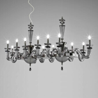 Exclusive Euroluce Desiderio Axis chandelier with Swarovski accents, a glossy silver tone sculptural centerpiece crafted in Veneto, Italy