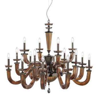 Distinguished Euroluce Desiderio chandelier with curved arms, Swarovski crystals, beech wood accents, and elegant black nickel finish
