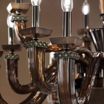 Exceptional Euroluce Desiderio chandelier crafted in Veneto, Italy with black nickel finish, ribbed glass and refined beech wood with Swarovski elements